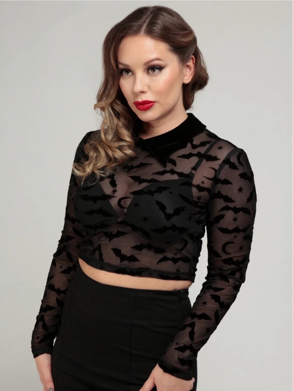Collectif London Roo Sheer Black Bats & Stars Long Sleeve Crop Blouse